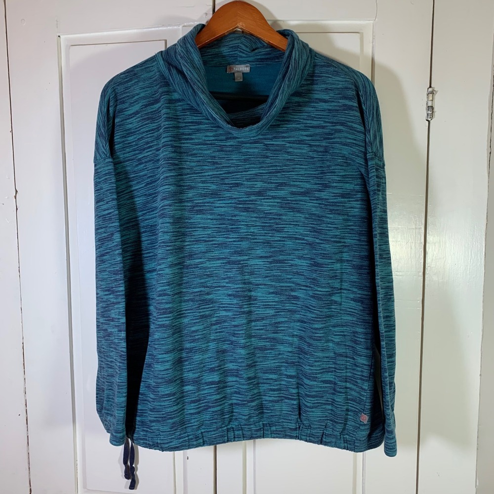 Talbots Women XL Cowl‎ Neck Pullover Sweatshirt Blue Teal Marled Drawstring